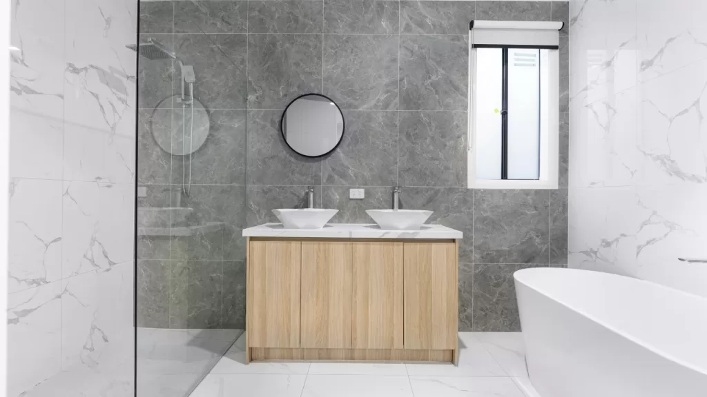 Contemporary Double Vanity Bathroom with Glass Shower
